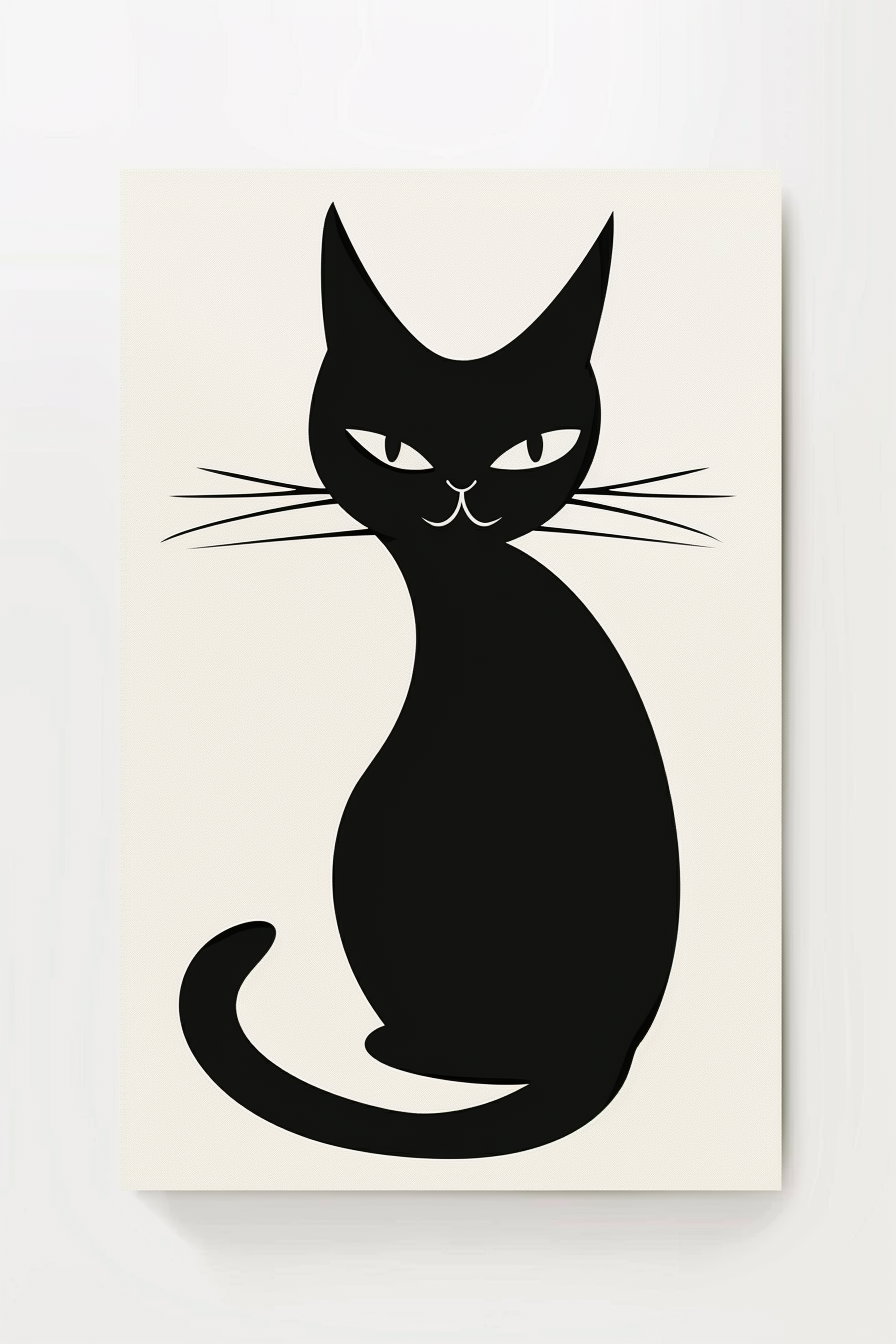 Modern cat poster with abstract black shapes on white background