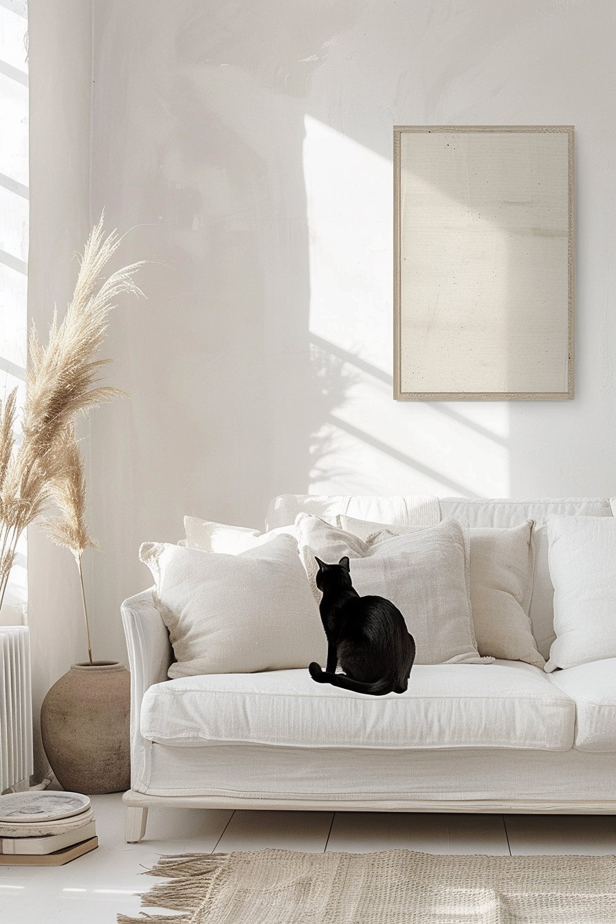 Minimalist cat wall art with balanced composition and white space