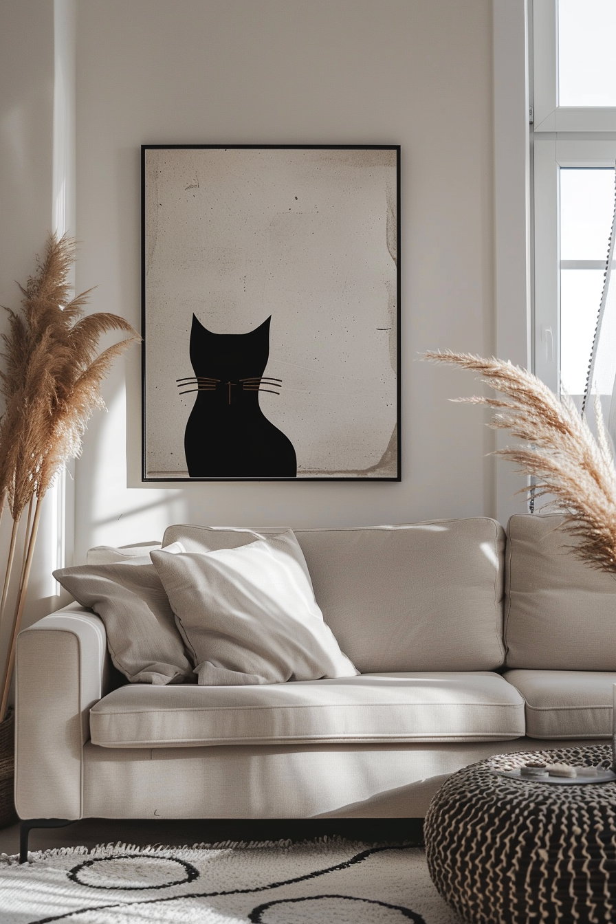 Minimalist cat wall art with balanced composition and white space