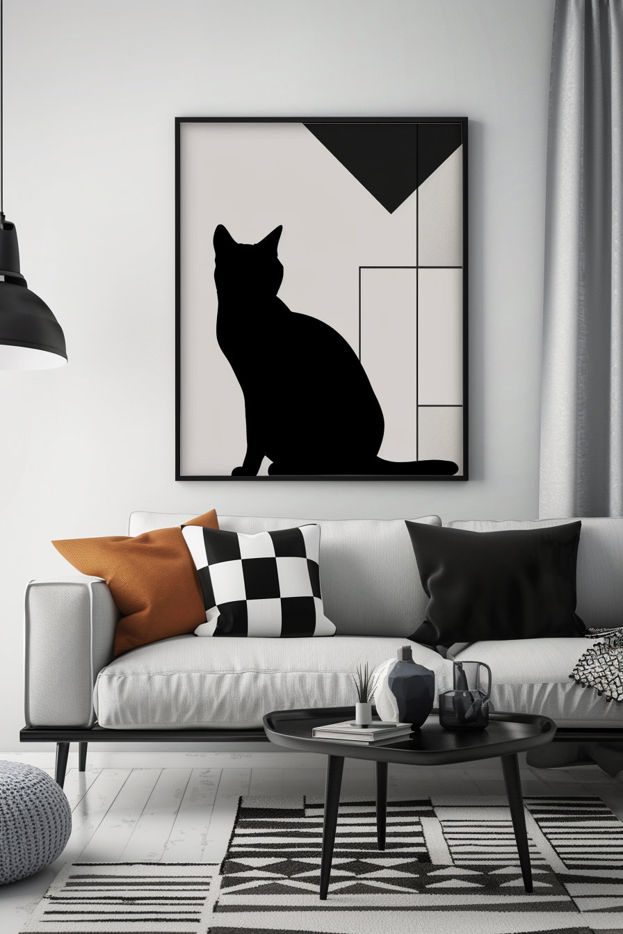 Black cat in geometric frame modern wall art design