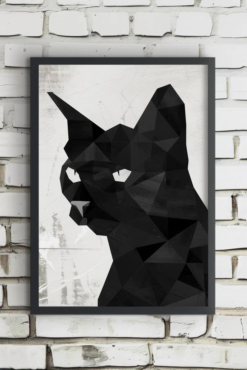 Modern Black Cat Printable Wall Art with Geometric Frame