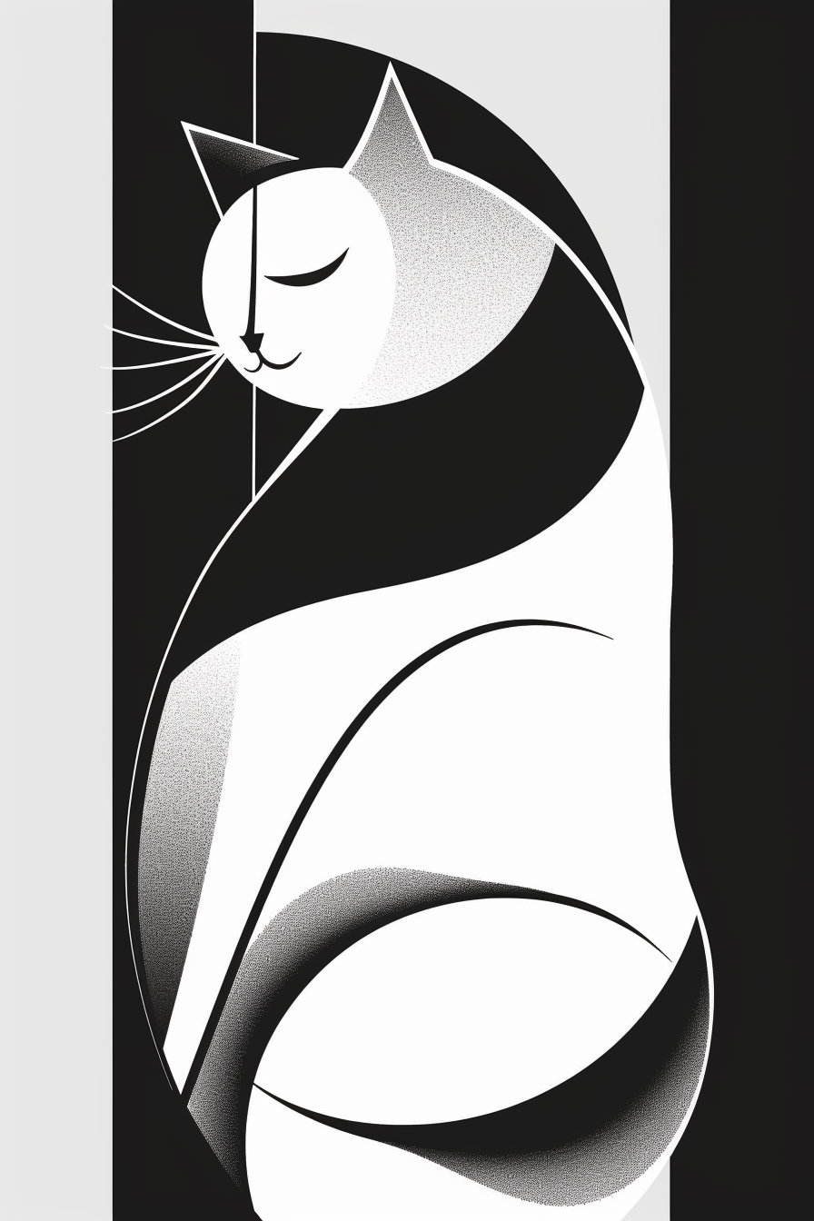 Abstract black and white cat poster with smooth curves