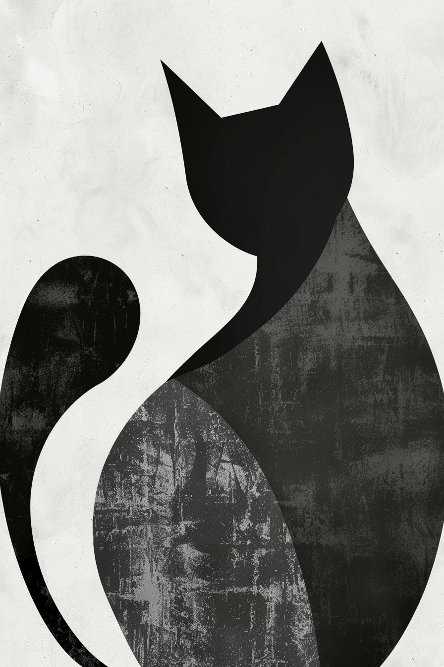 Abstract black and white cat poster with smooth curves