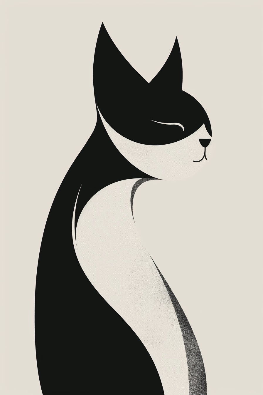 Abstract black and white cat poster with smooth curves