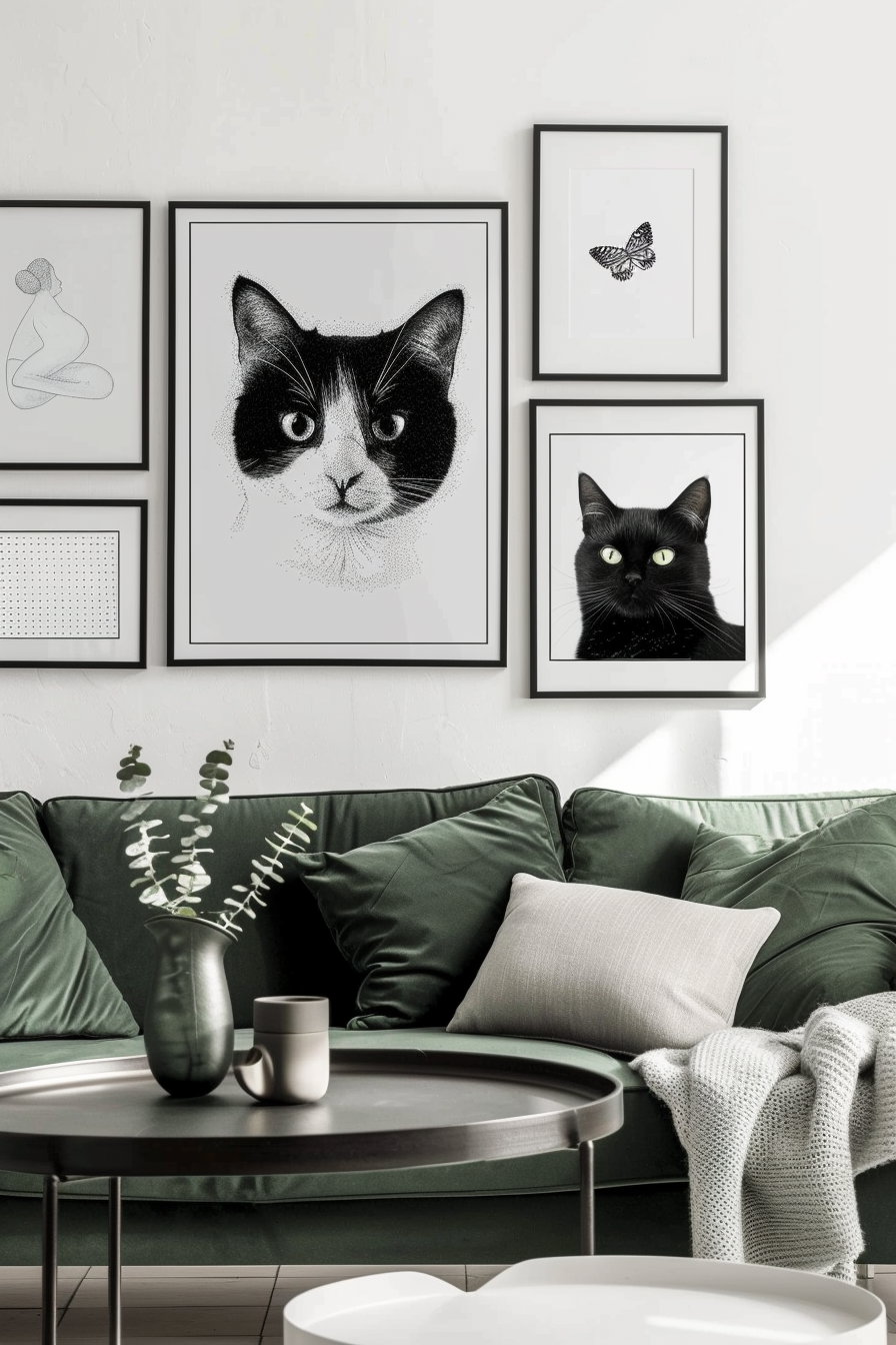 Elegant black and white cat wall art with thin frame