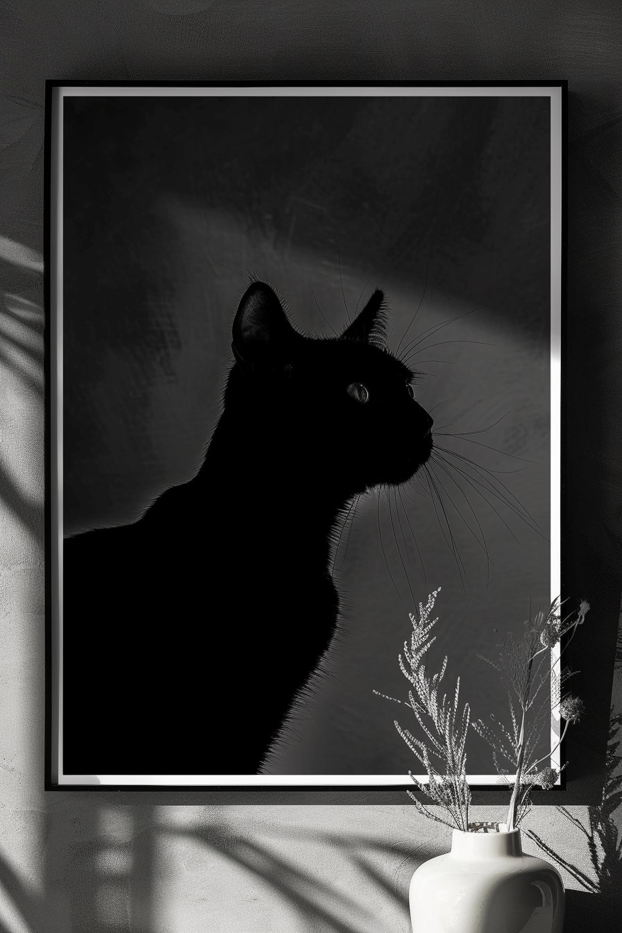 High contrast black and white cat wall art print