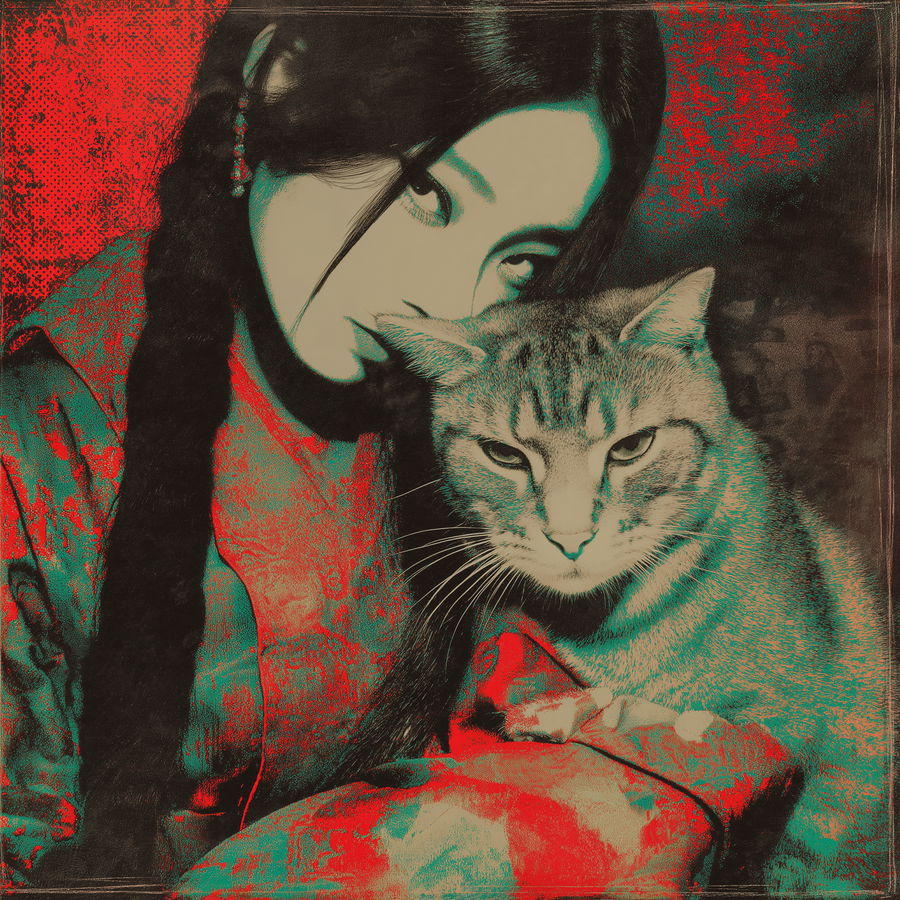 Psychedelic Korean art of woman with cat in punk style