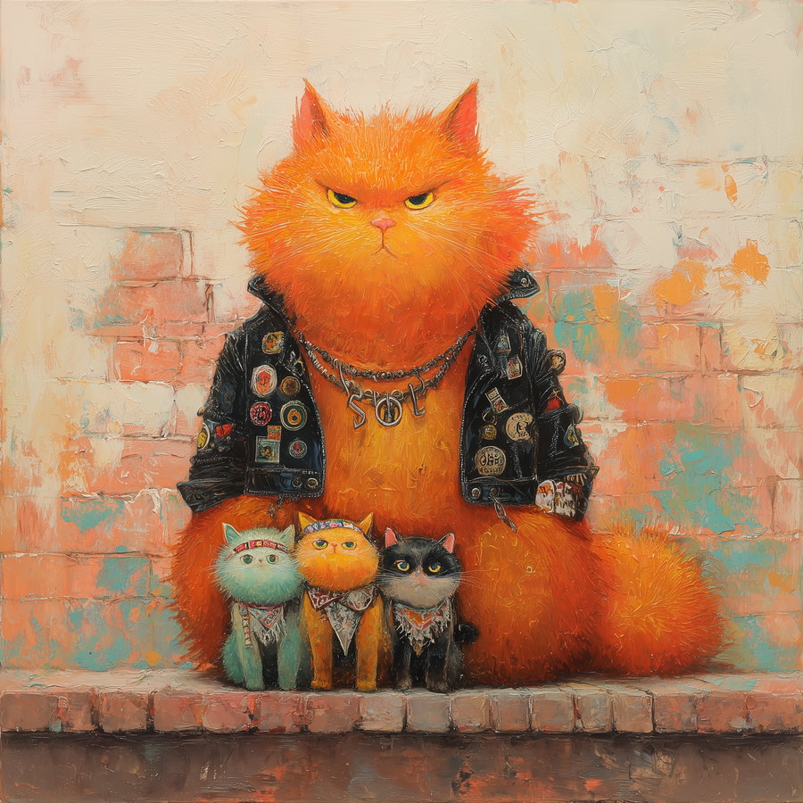 Punk orange cat with three hippie kittens in nature