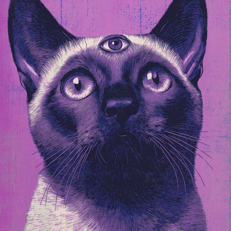 Purple Siamese cat with third eye in Banksy pop art style