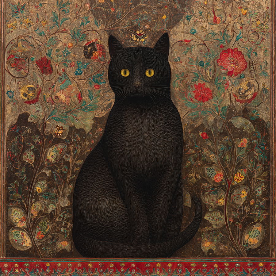 Qajar style painting of a cat on dark background