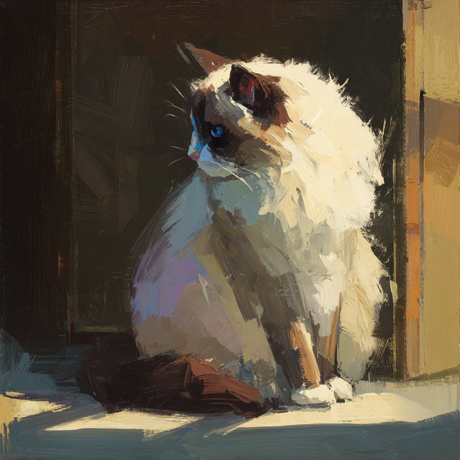 Ragdoll cat lounging in a sunlit room, Hopper style