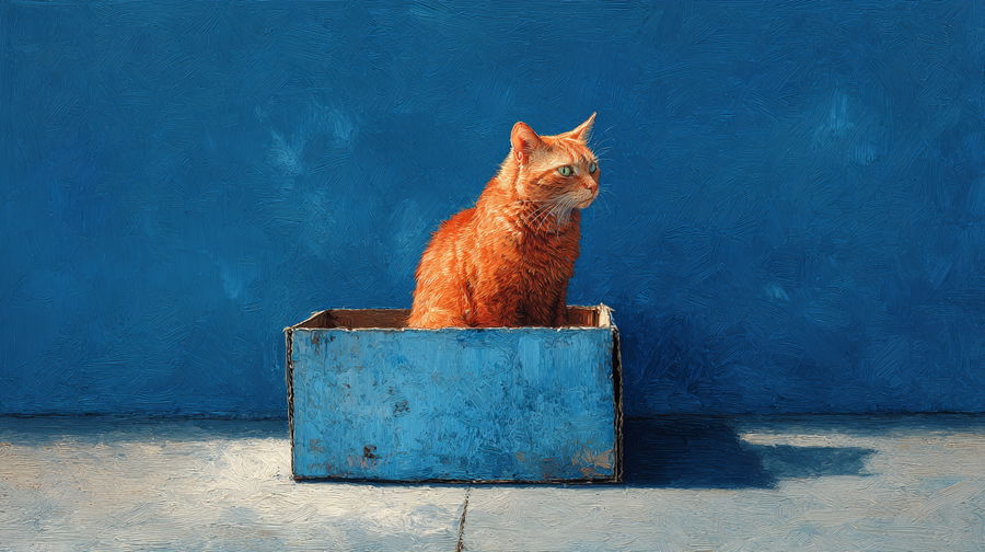 Red cat sitting inside a blue box in realistic style