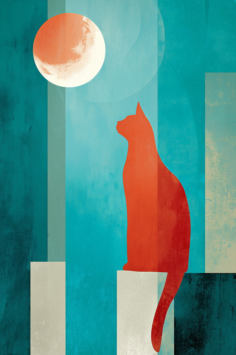 Red cat and moon in minimalist mid-century modern design