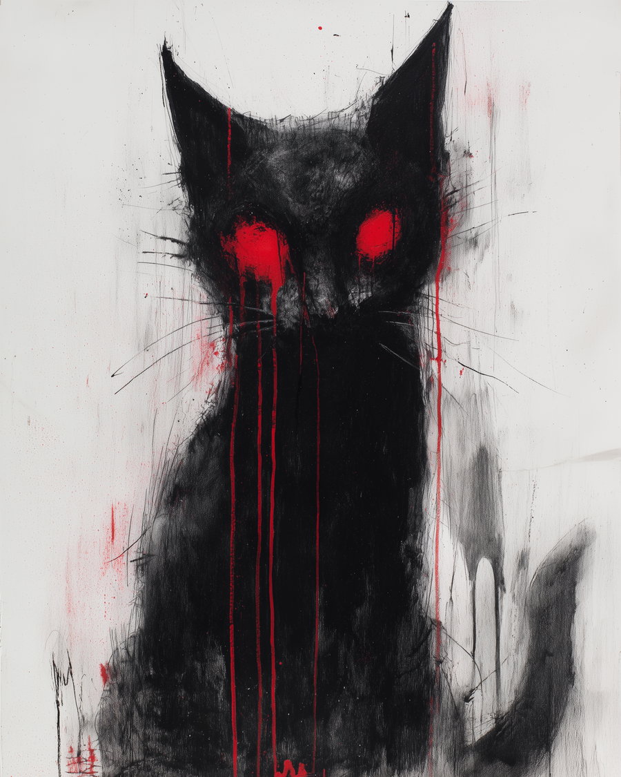 Bleak neo-expressionist painting of a drippy black cat