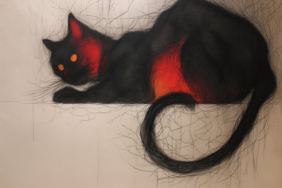 Red cat lounging under moonlight in Egon Schiele style