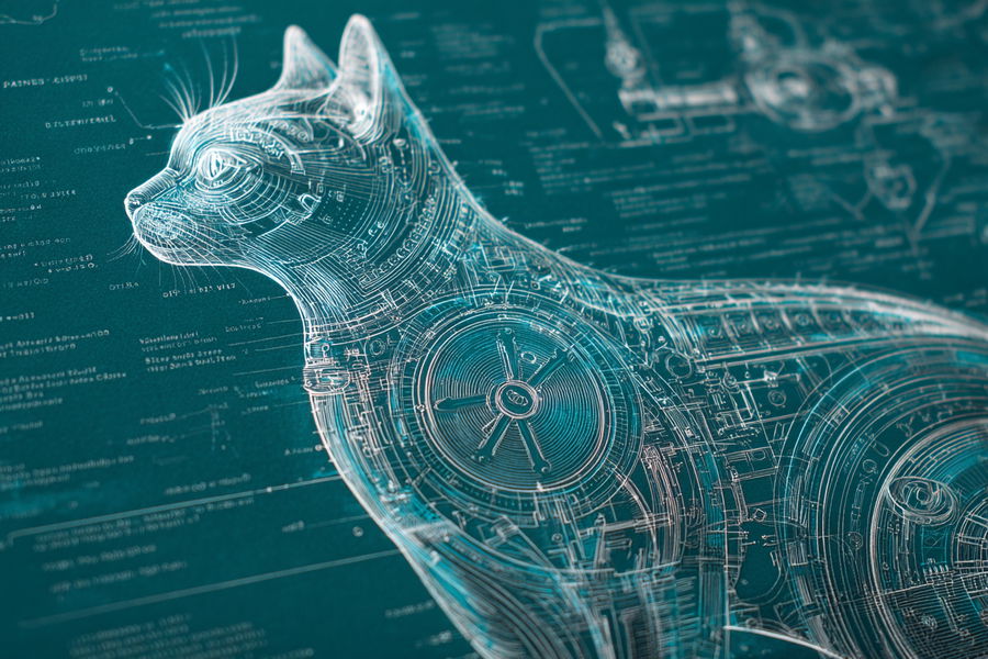 Sgraffito blueprint of retro-futuristic catnoid with intricate details
