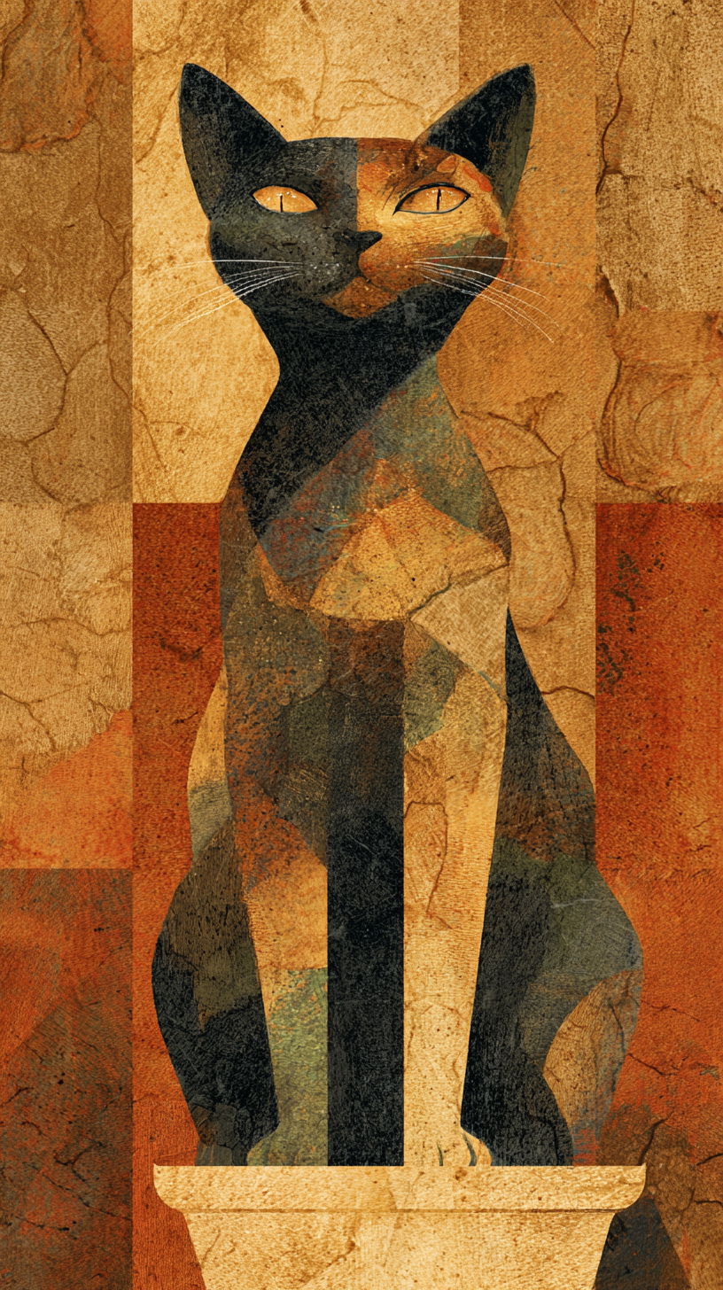 Cozy watercolor illustration of Egyptian tuxedo cat on pedestal