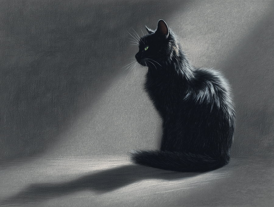 Sad black cat sketch with dramatic shadows on gray background