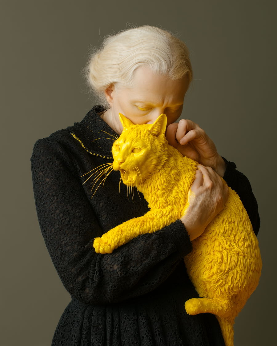Sad woman with yellow cat in muted Midwest colors