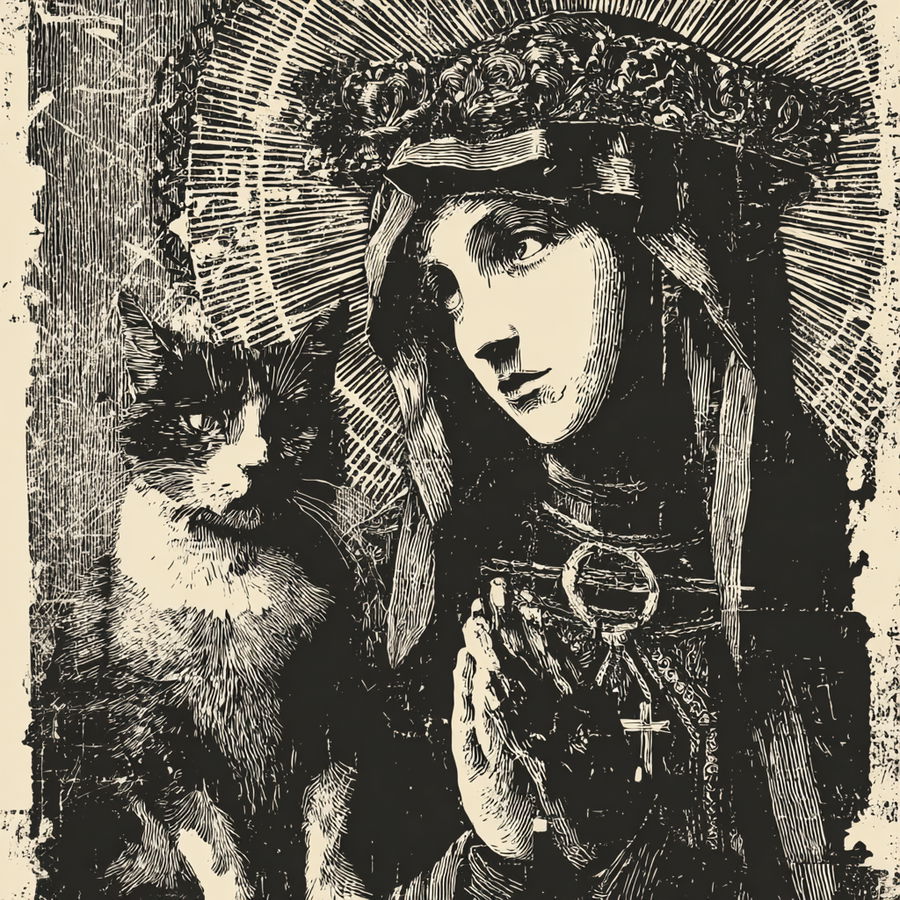 Antique linocut of a saint and a cat