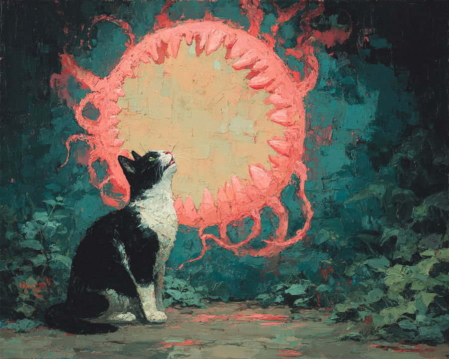 Scared cat hissing at gold circle with teeth and tentacles