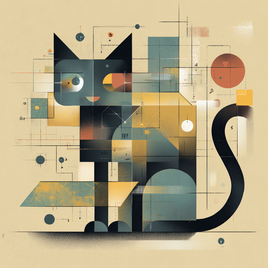 Muted illustration of Schrödinger's cat emerging from a box