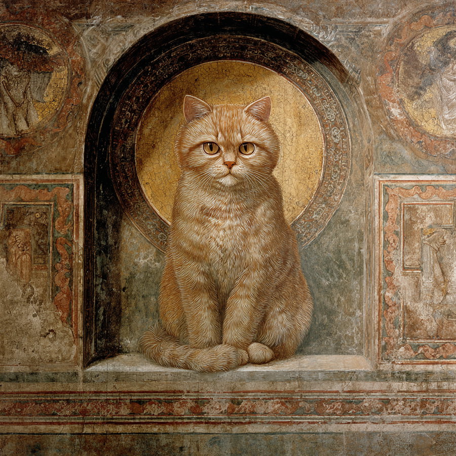 Ginger Scottish Fold cat fresco in Proto-Renaissance style