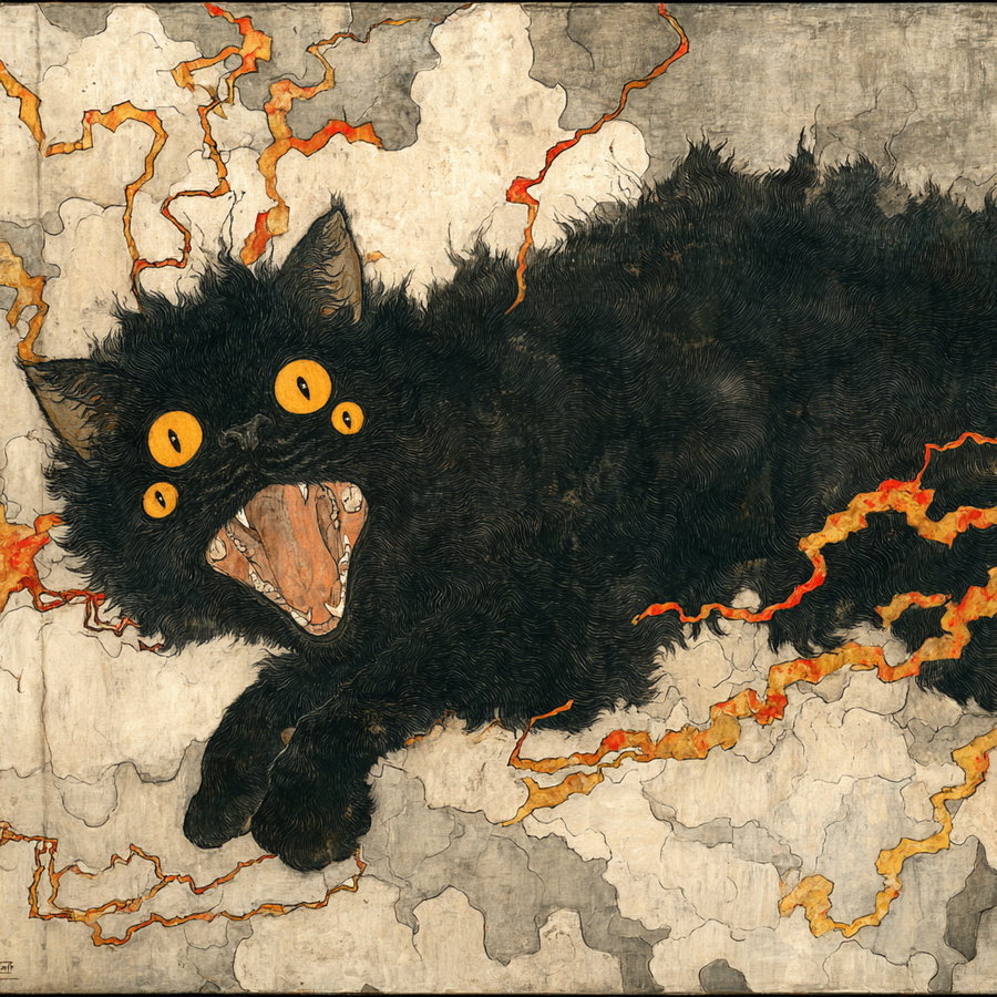 Screaming cat with ten eyes falling through stormy sky