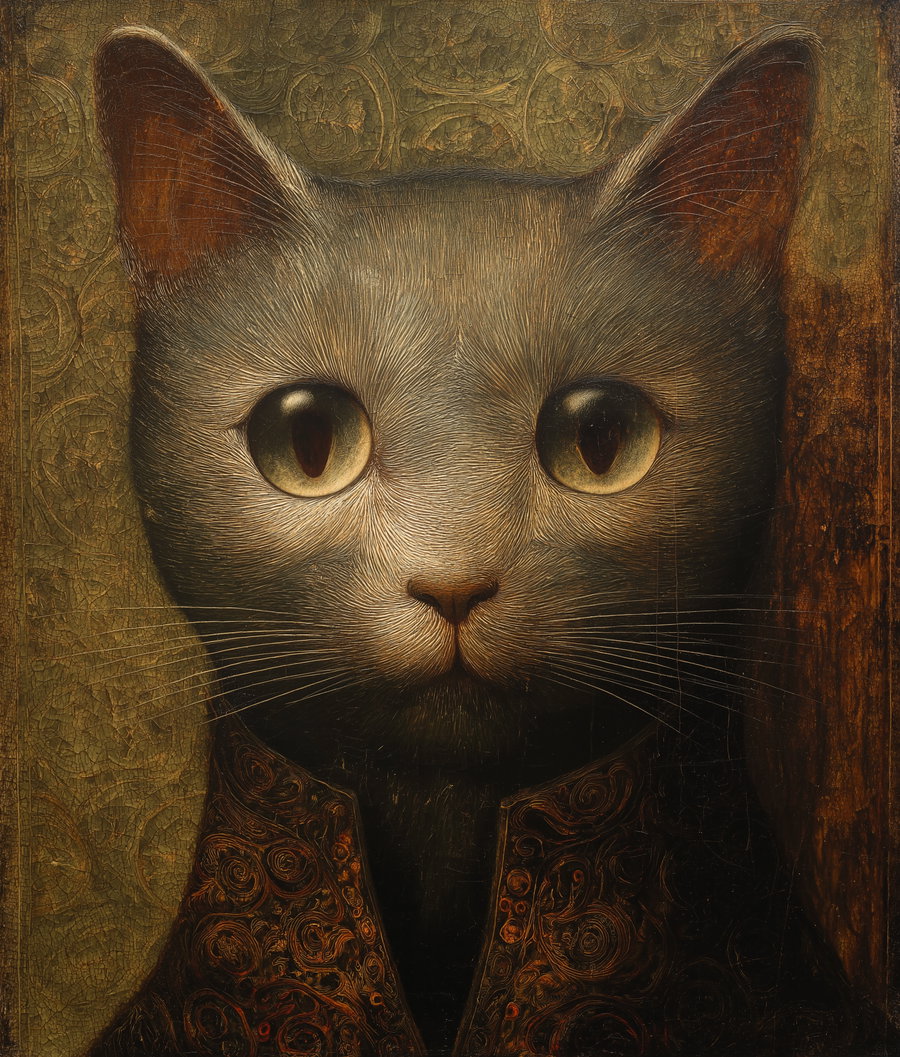 Medieval oil painting of a mysterious secret cat