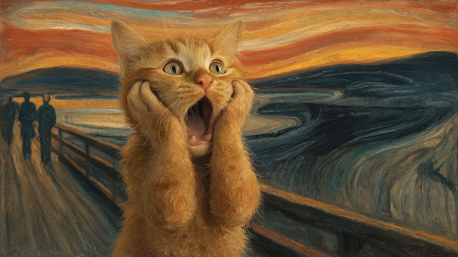 Realistic yellow tabby cat shocked on wooden bridge