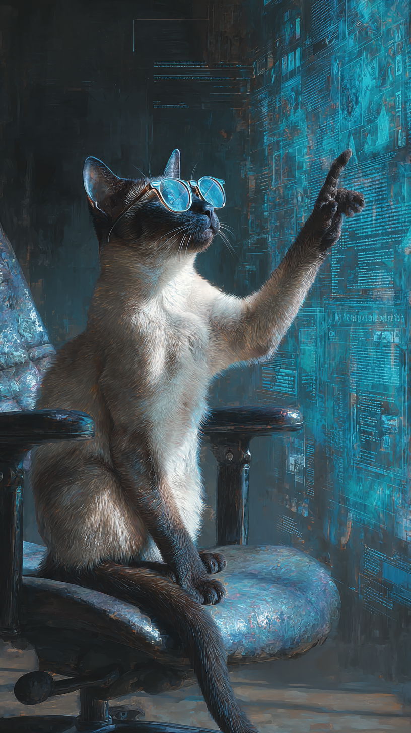 Siamese cat in glasses pointing at holographic data chart