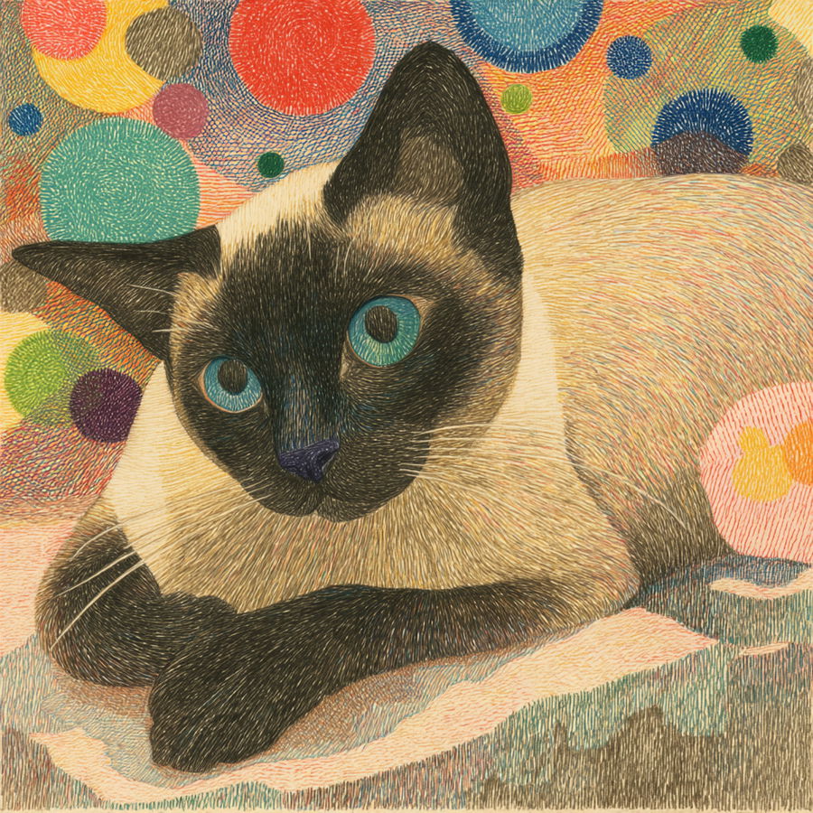 Siamese cat drawing with whimsical polka dot background