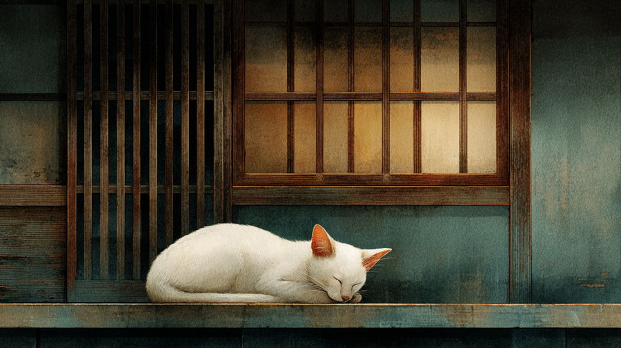 Siamese cat in Thai house under starry night sky