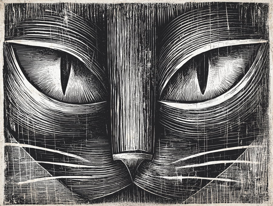 Symmetrical woodcut of a minimalist Siamese cat head