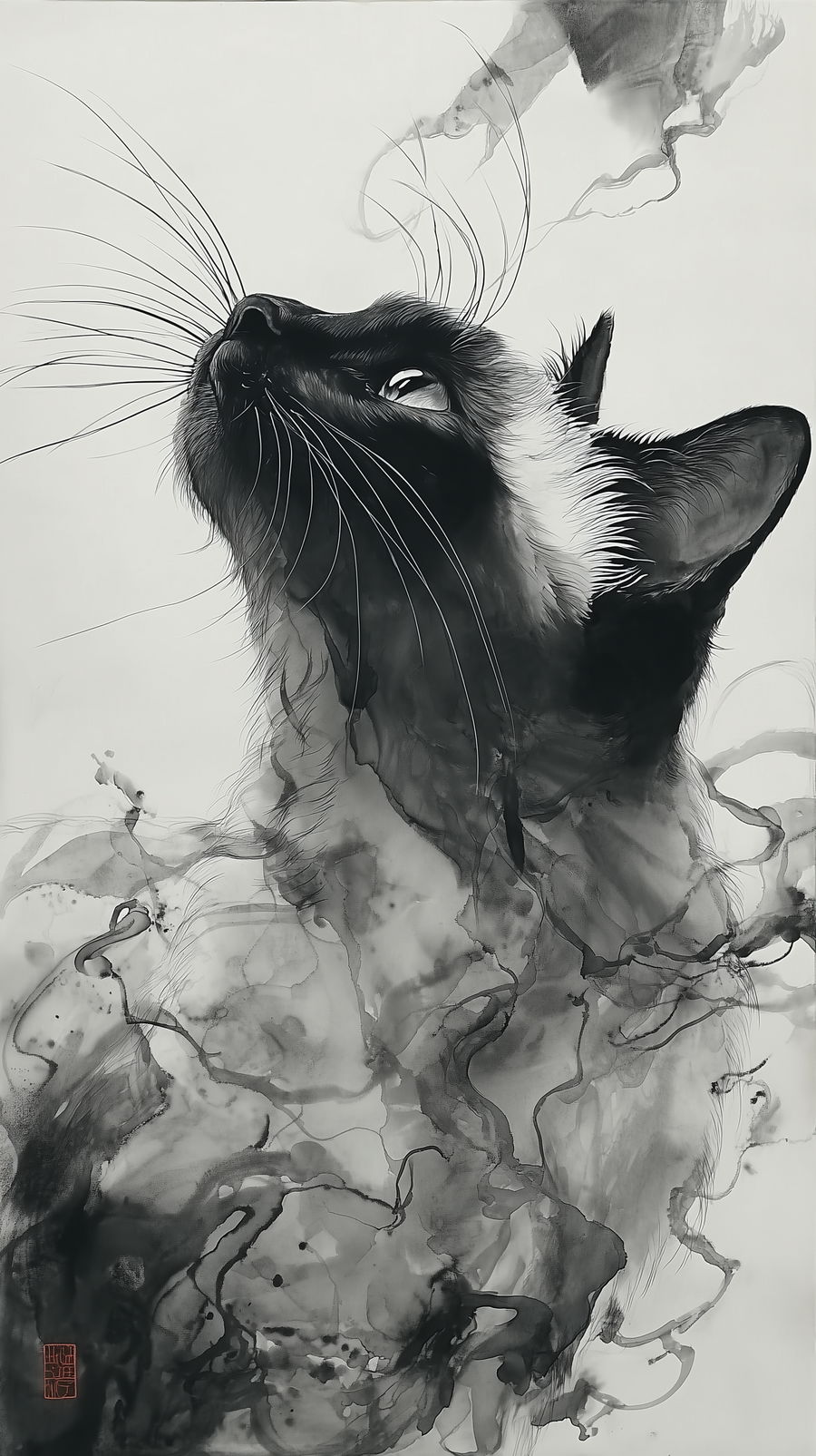 Ultra-realistic Siamese cat looking up from side view