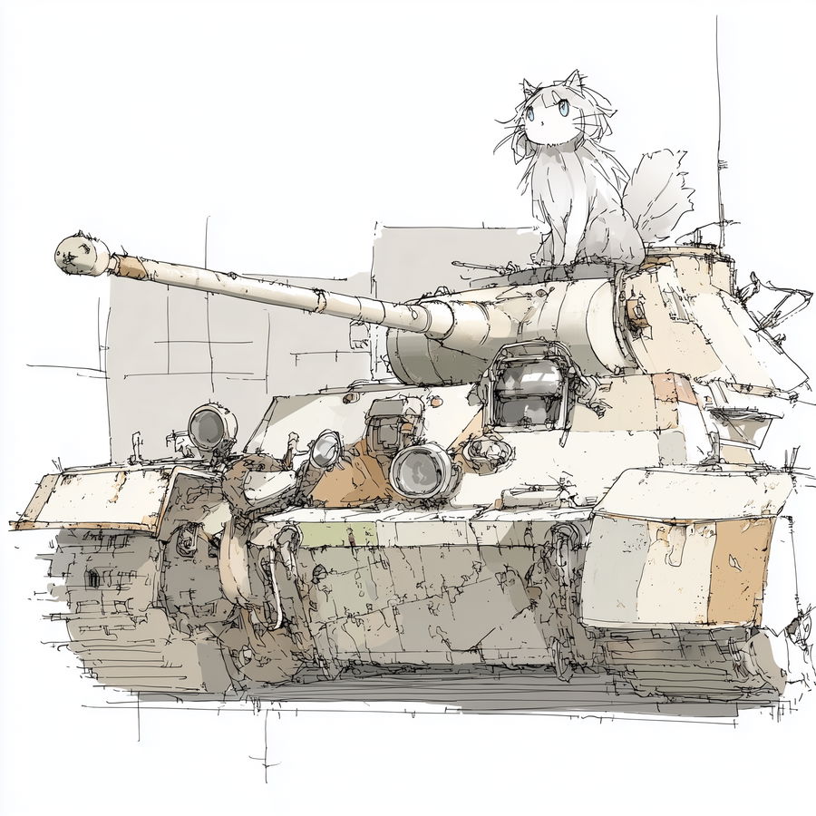 Siberian cat perched atop a Panzer Tiger tank