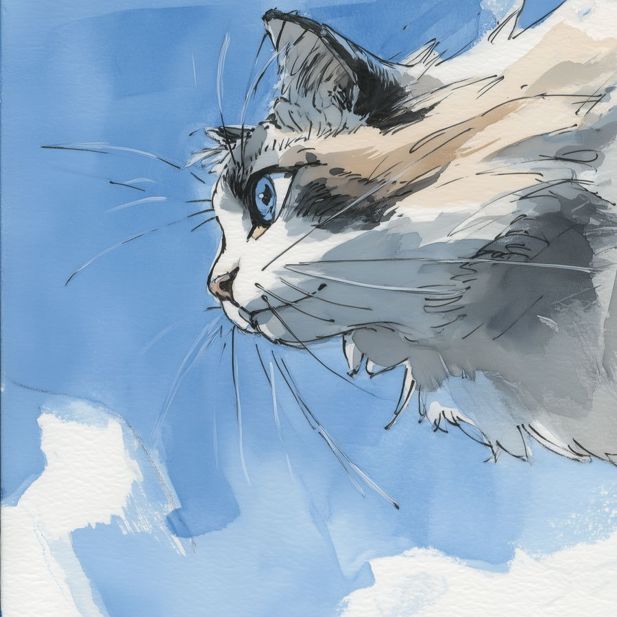 Siberian cat soaring through blue sky with clouds