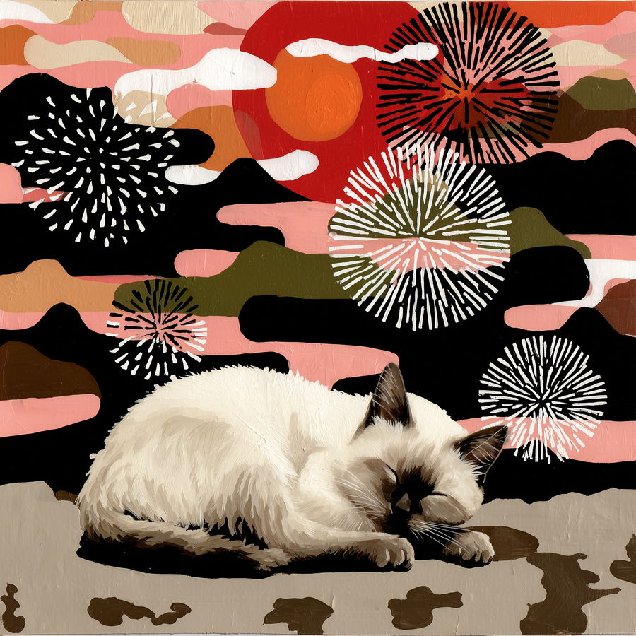 Weak cat dozing peacefully on a serene landscape background