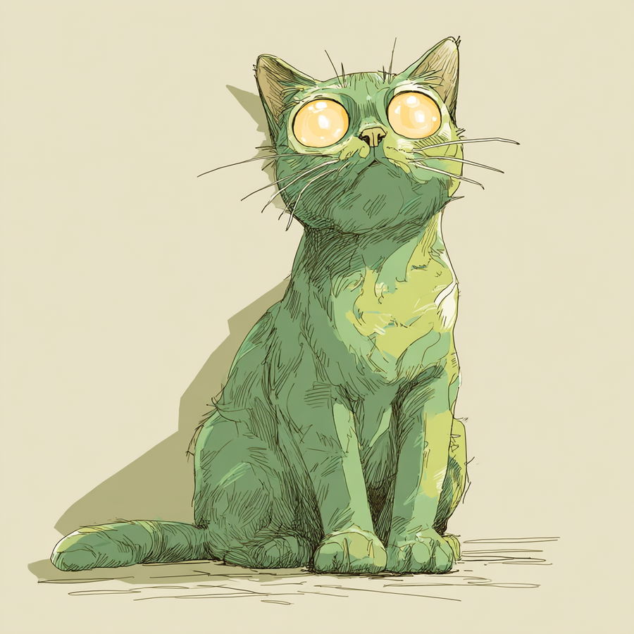 Green cat lounging in a futuristic cityscape environment