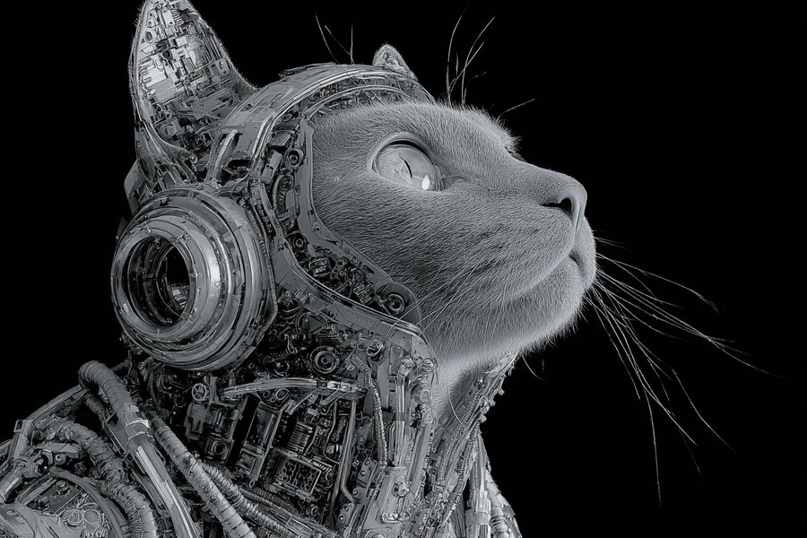Futuristic cat in space with advanced technology elements