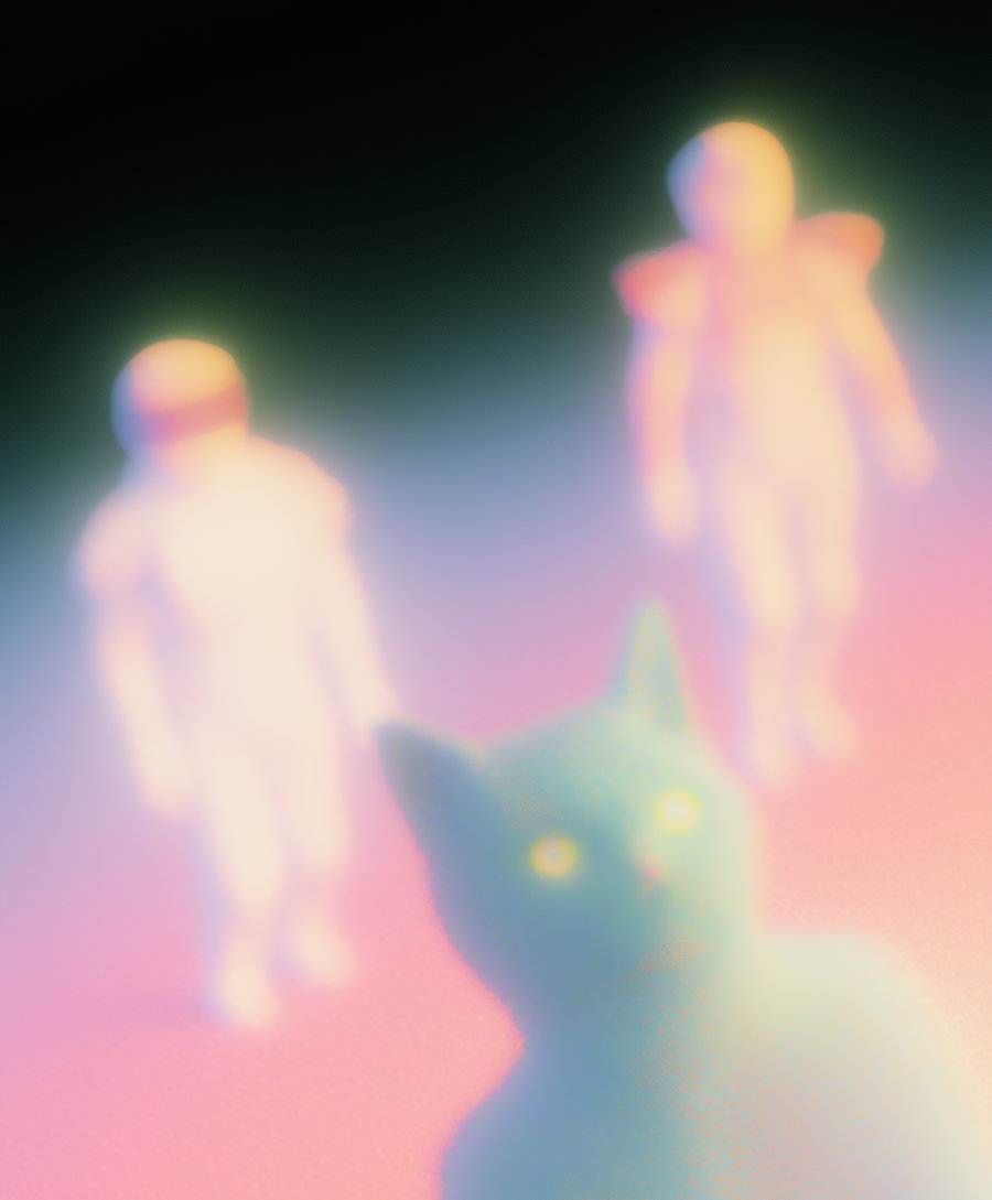 Three space warriors on Earth with colorful floating cat