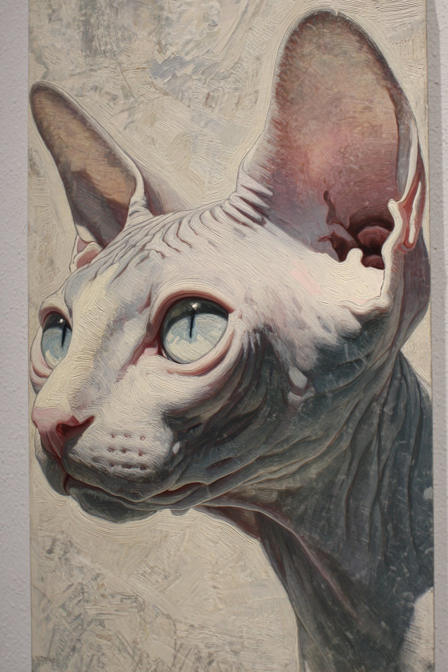 Hairless baby sphinx cat with expressive eyes in a painting