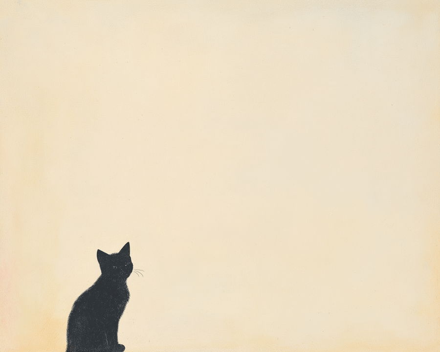 Black cat silhouette on bone white matte paper background