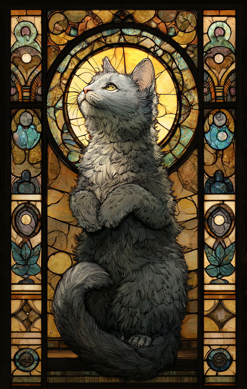 Stained glass window of whimsical gray cat in castle