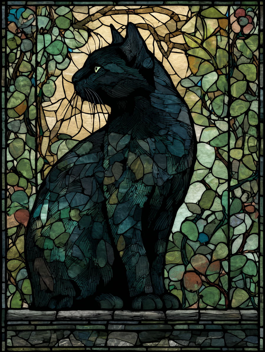 Stained glass artwork of a black cat in Pre-Raphaelite style