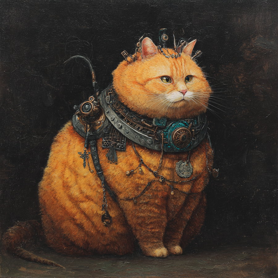 Fat orange cat in Renaissance style with steampunk details