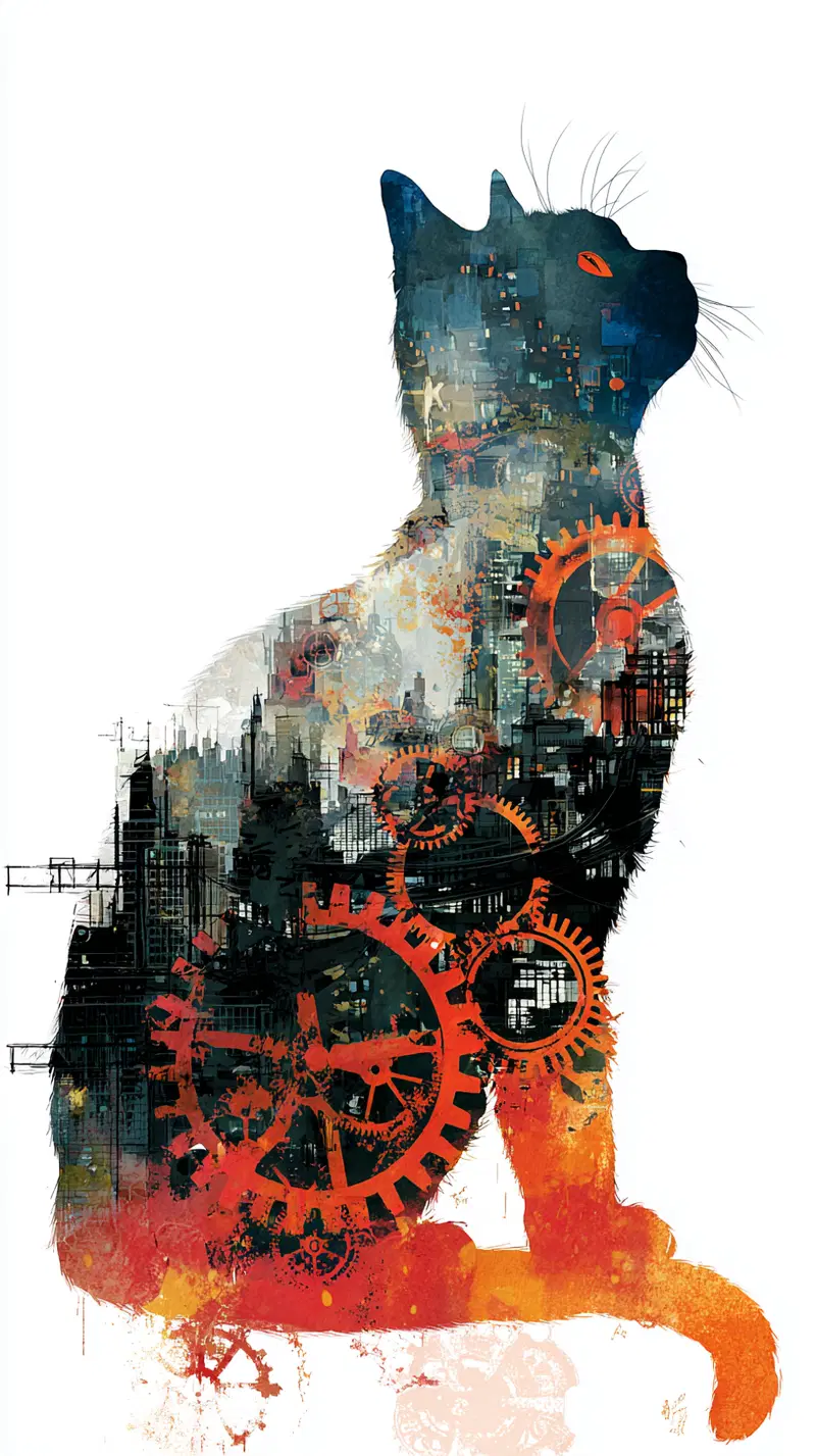 Steampunk Cat Art: Double Exposure Watercolor Aesthetic Ideas
