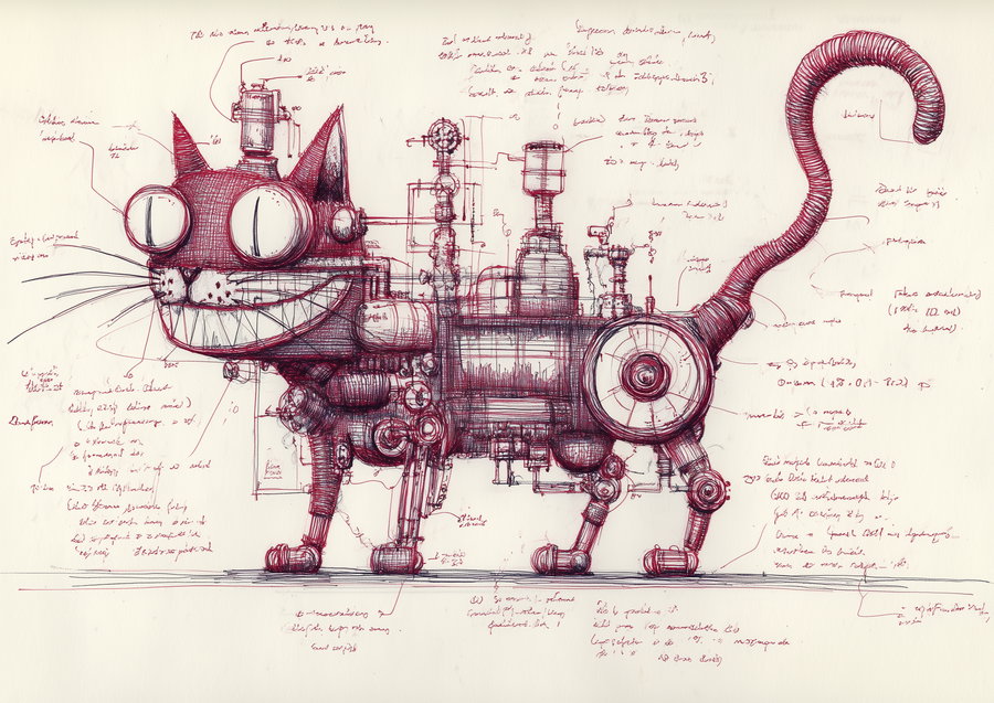 Steam-powered cat with gears and tubes in black and red