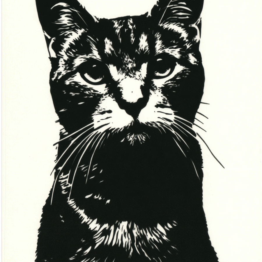 Black and white stencil cat design on white background