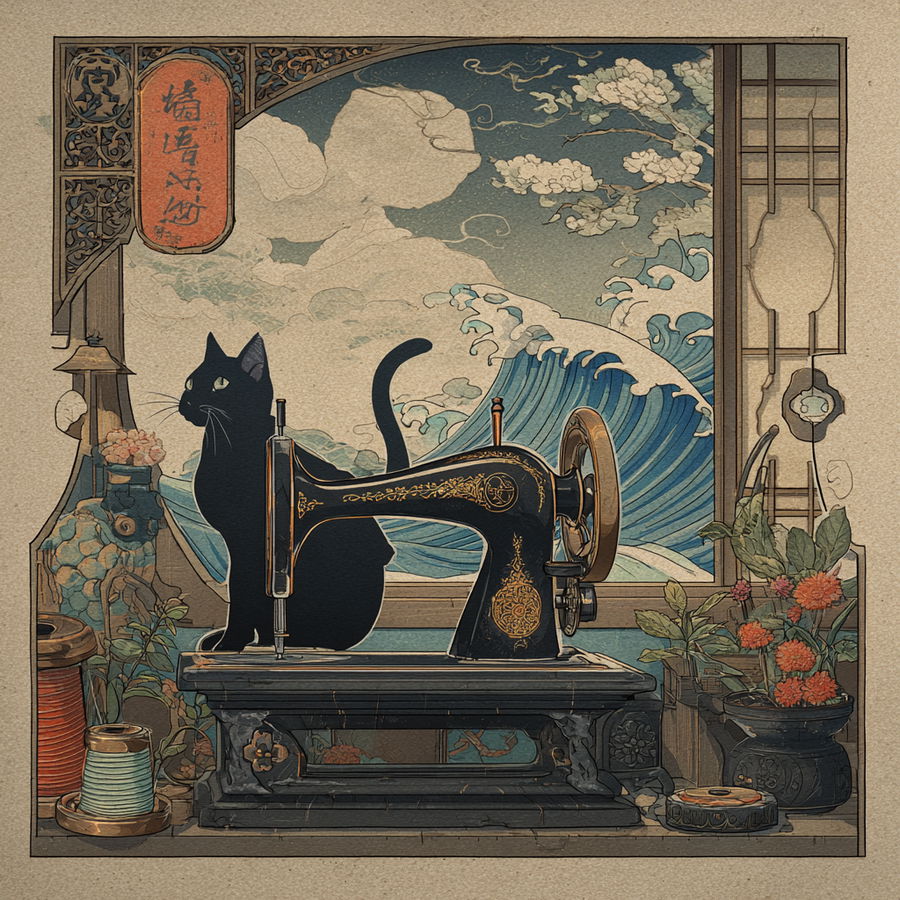 Ukiyo-e style black sewing machine and cat design